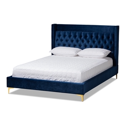 Baxton Studio Valery Modern and Contemporary Navy Blue Velvet Fabric Upholstered Queen Size Platform Bed with Gold-Finished Legs